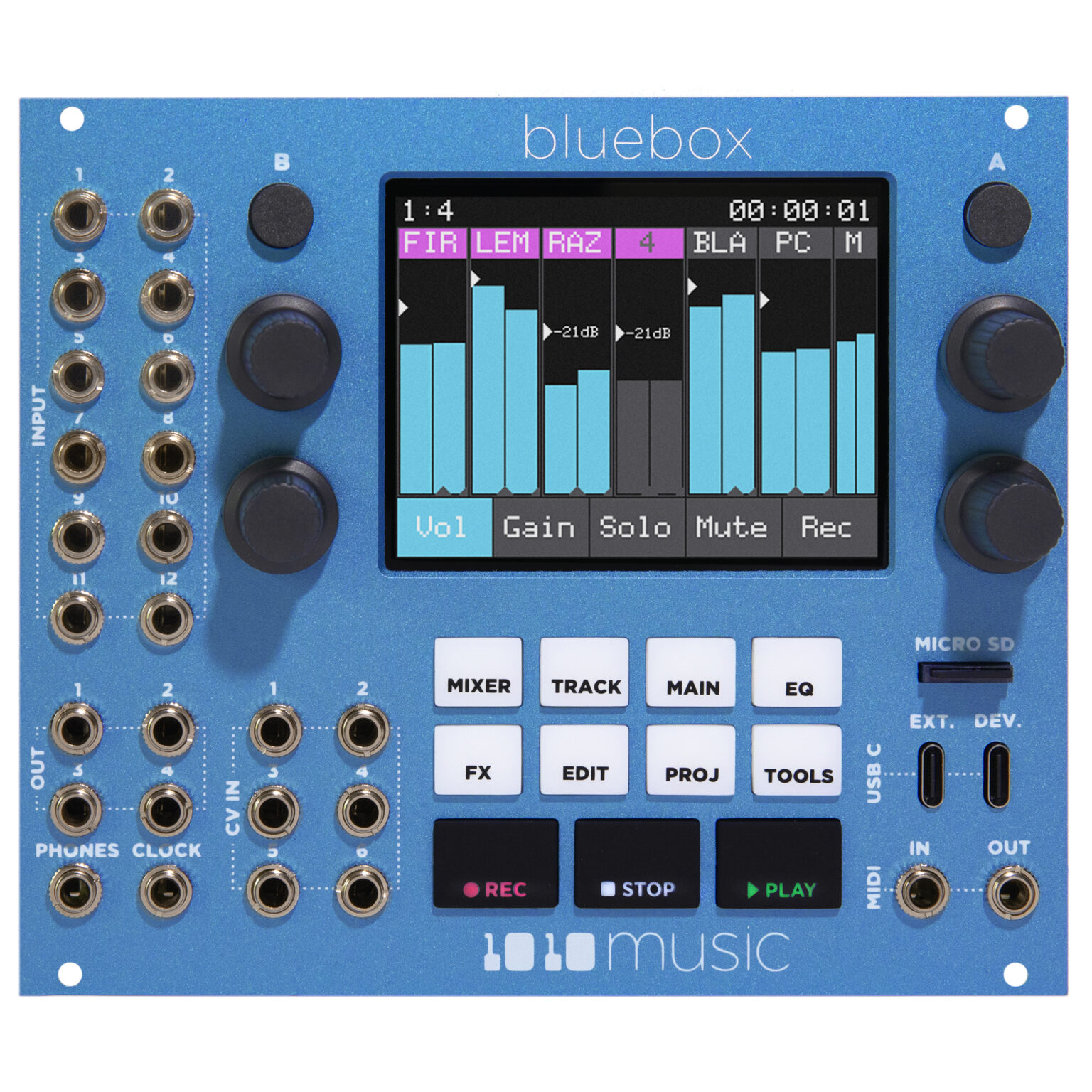 bluebox Eurorack module with meter bridge displayed in Mixer mode.